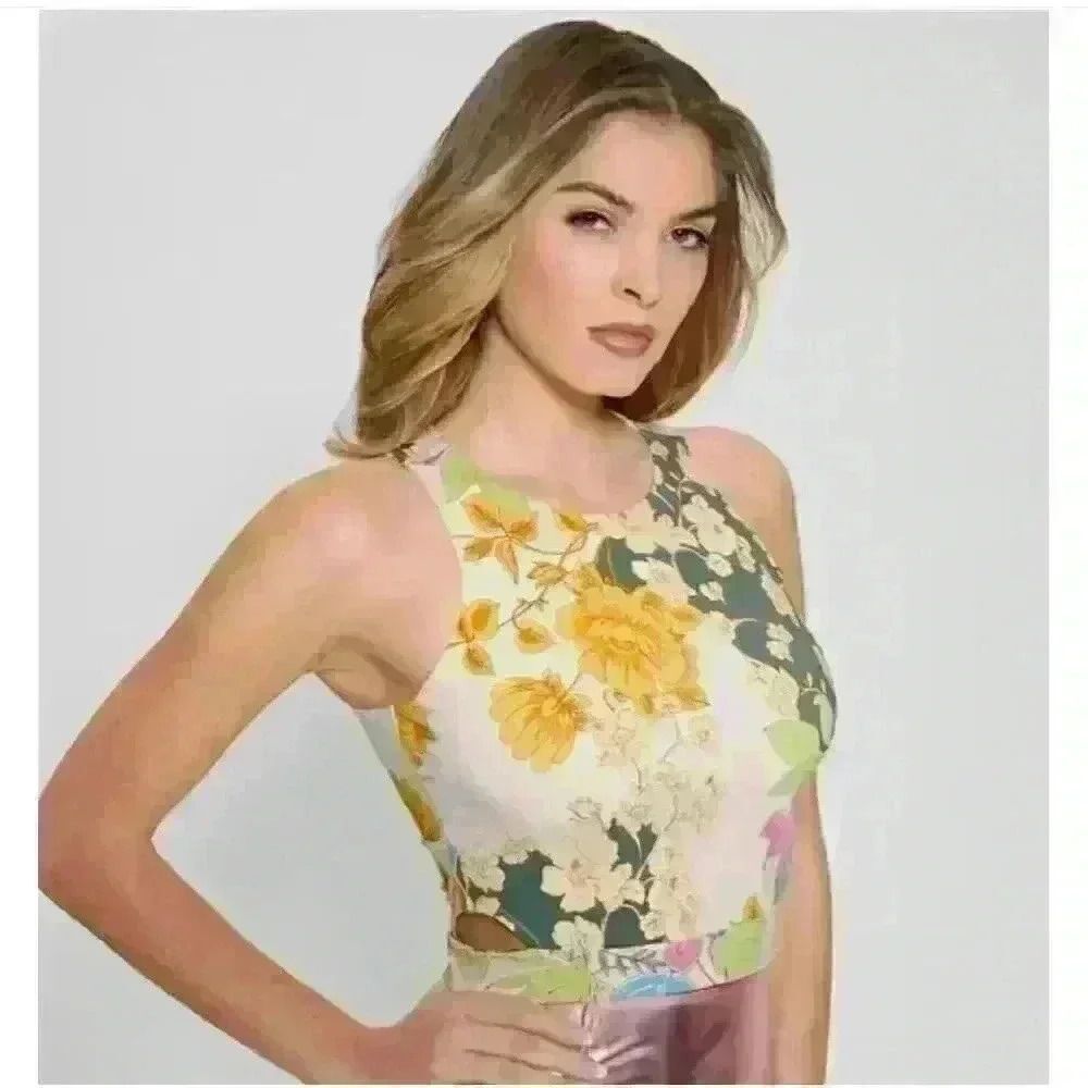 Women's Cropped Hawaiian Print Guess Tank Top, “Eco Shayna Cutout Crop Top”, Siz